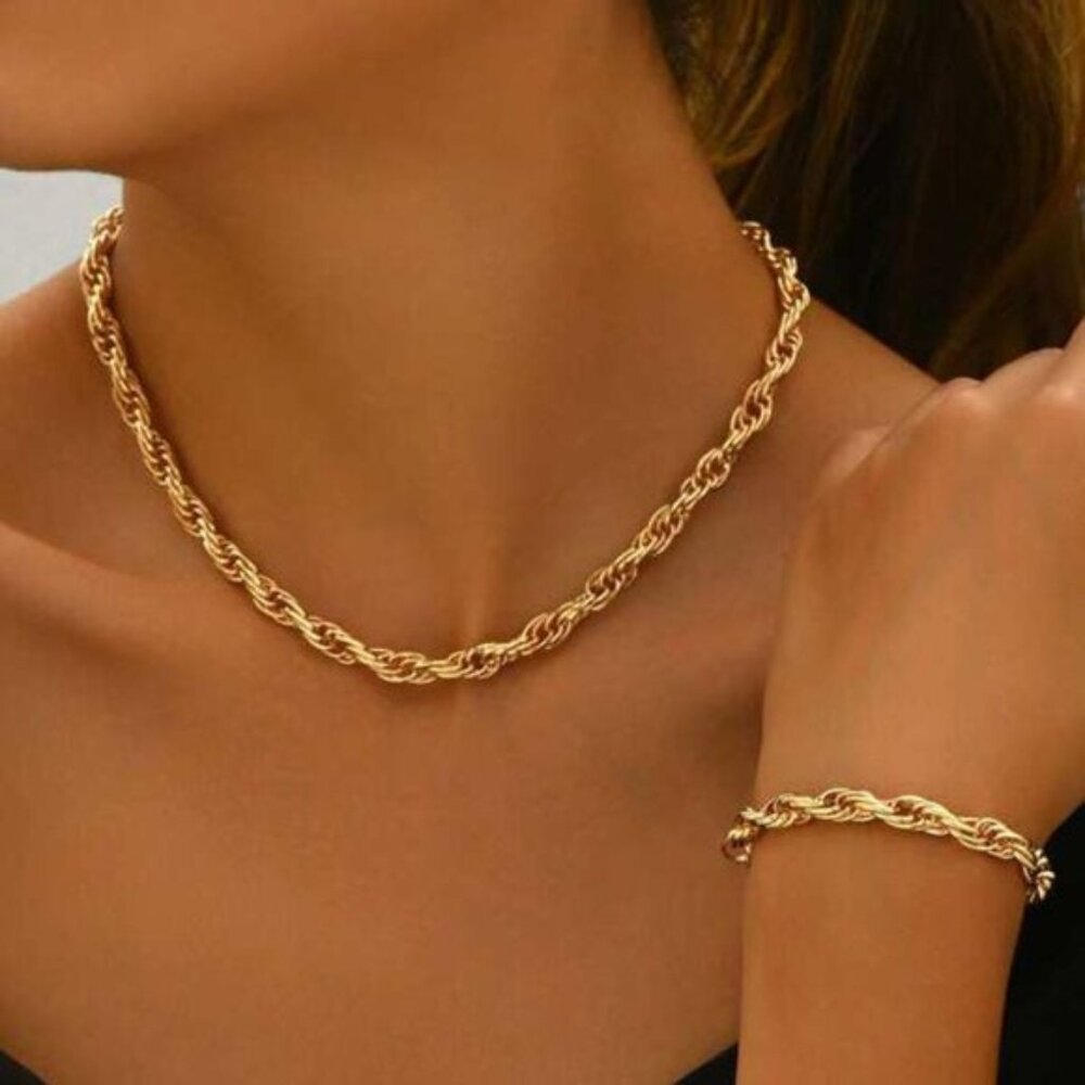 18K Gold Over Sterling Silver Rope Chain Necklace & Bracelet Set